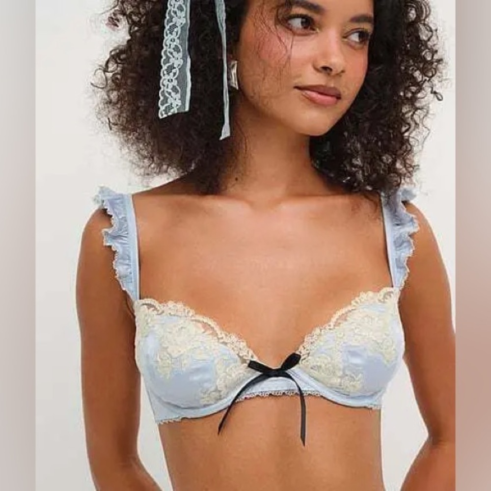 For Love And Lemons Sweetheart Satin Bra Elegant Lace Trimmed Blue and Cream Bra
